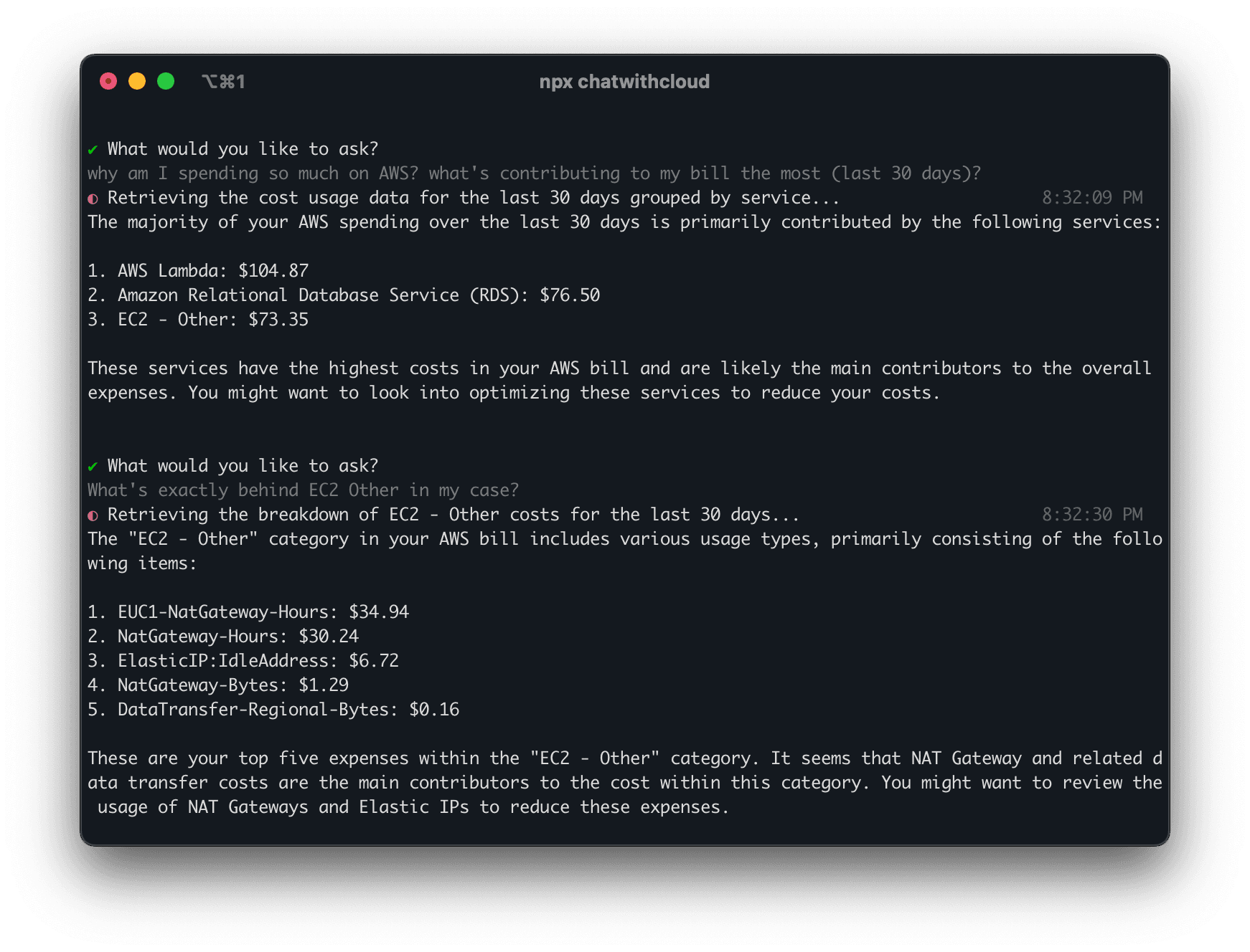 ChatWithCloud analyzing AWS costs