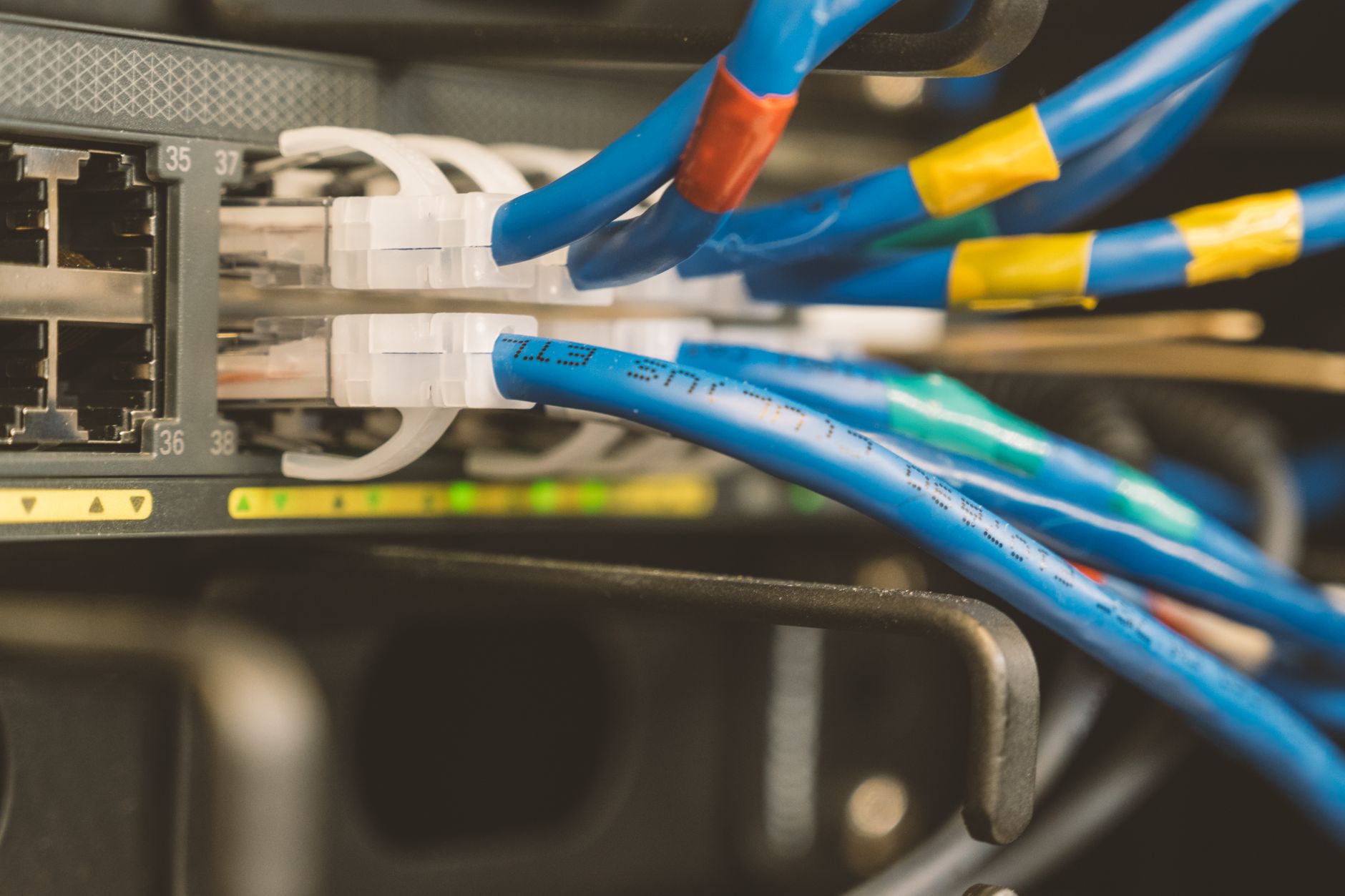 Network switch with many blue and yellow Ethernet cables plugged in