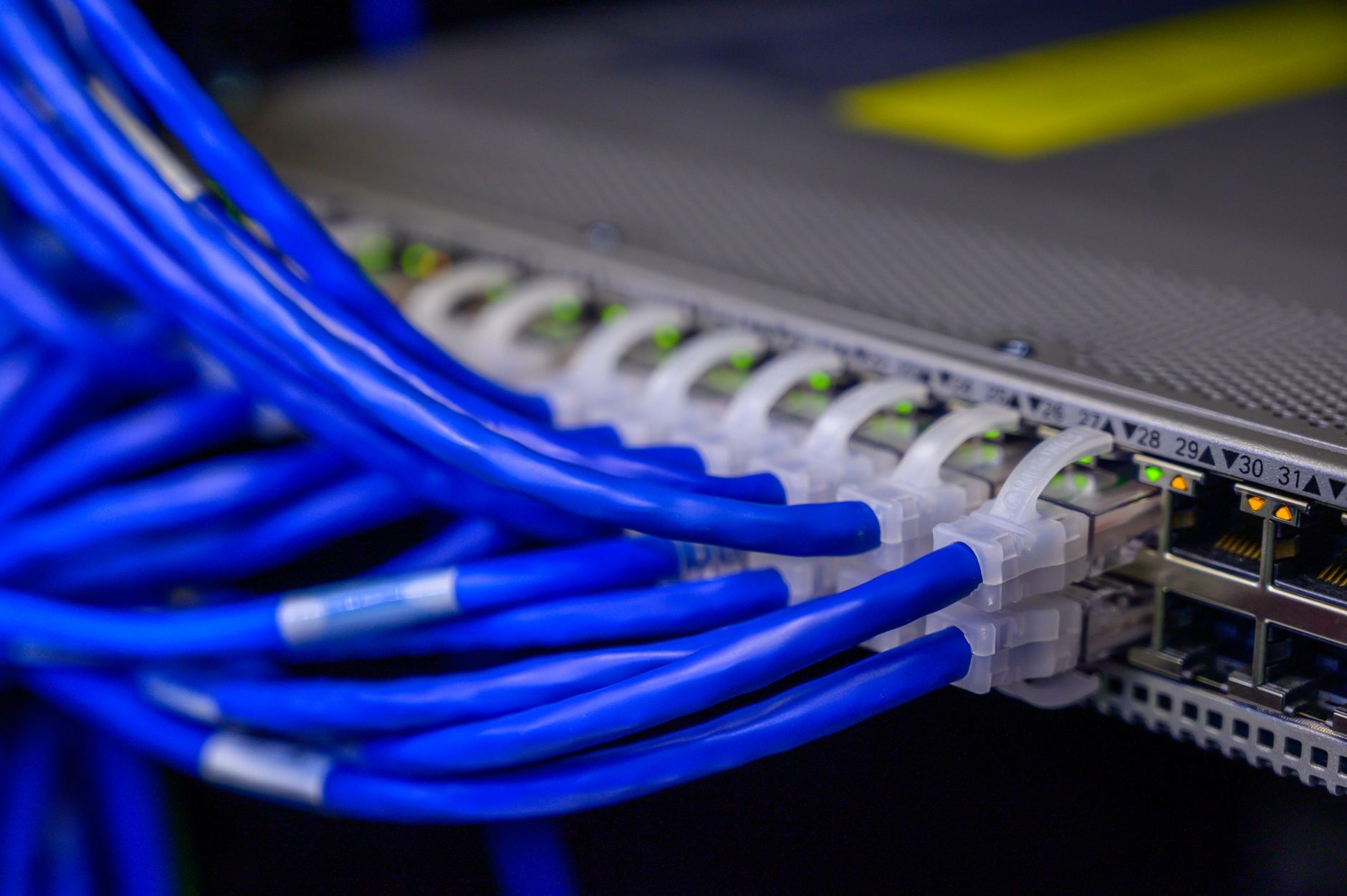 Close-up of network cables plugged into a rack-mounted switch with green lights